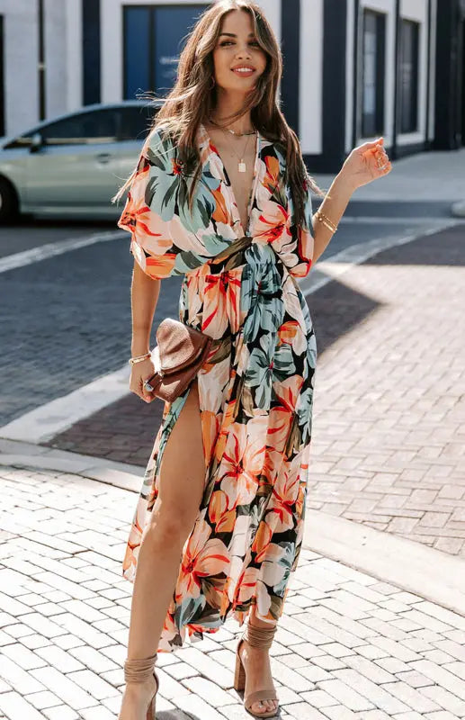 Women's Orange Split Floral Kimono Long Dress kakaclo