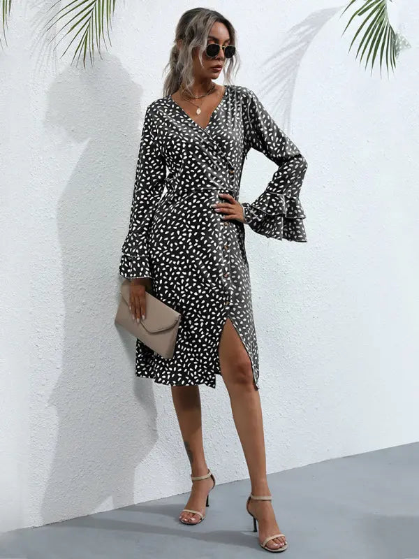 Women's Slim Fit Printed Split Long Sleeve French Dress kakaclo