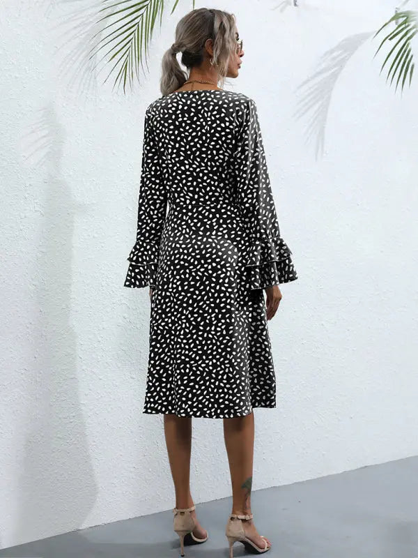 Women's Slim Fit Printed Split Long Sleeve French Dress kakaclo