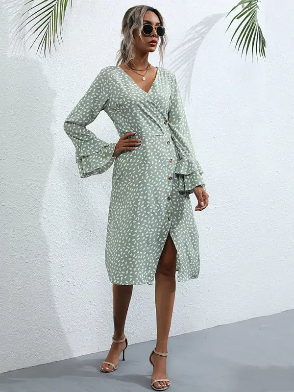Women's Slim Fit Printed Split Long Sleeve French Dress kakaclo