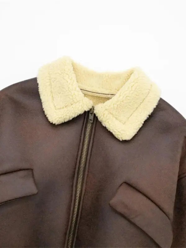 Women's Teddy Velvet Zip Pilot Leather Jacket kakaclo