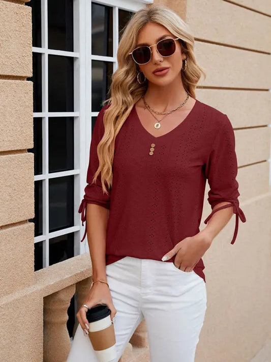Women's V-neck three-quarter sleeve button drawstring loose T-shirt top kakaclo