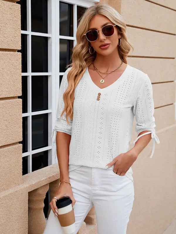 Women's V-neck three-quarter sleeve button drawstring loose T-shirt top kakaclo