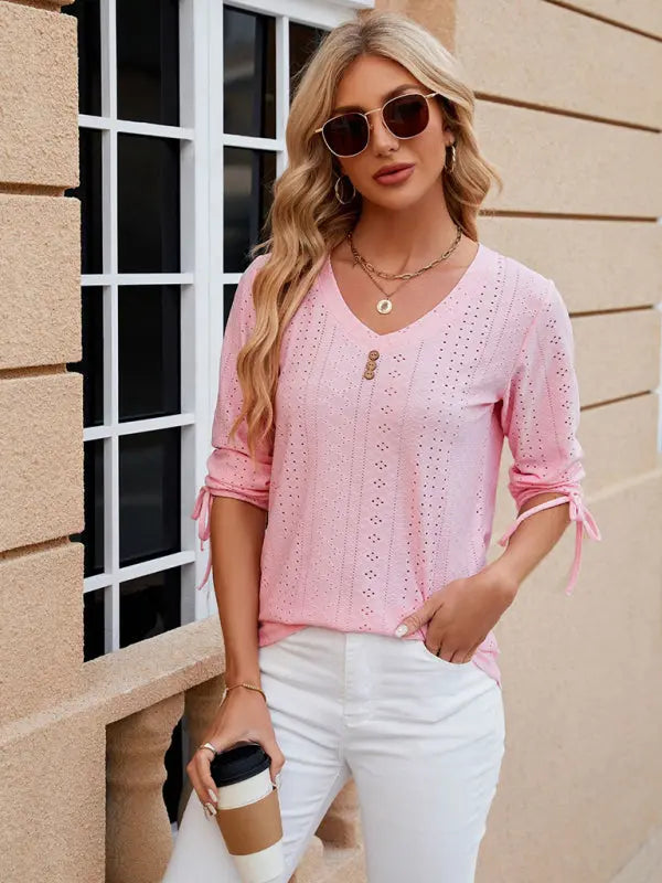 Women's V-neck three-quarter sleeve button drawstring loose T-shirt top kakaclo