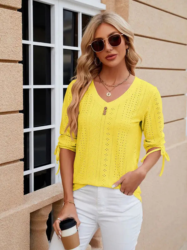 Women's V-neck three-quarter sleeve button drawstring loose T-shirt top kakaclo