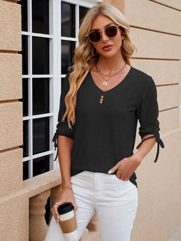 Women's V-neck three-quarter sleeve button drawstring loose T-shirt top kakaclo