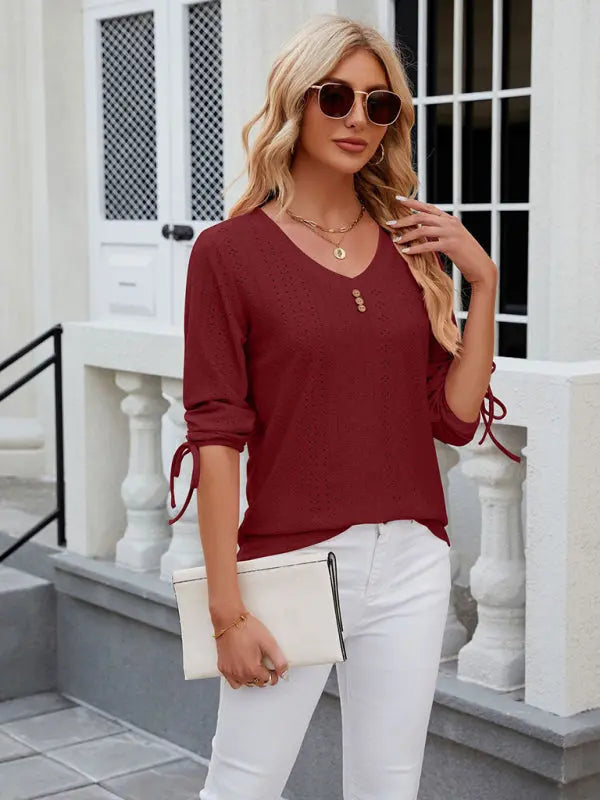 Women's V-neck three-quarter sleeve button drawstring loose T-shirt top kakaclo
