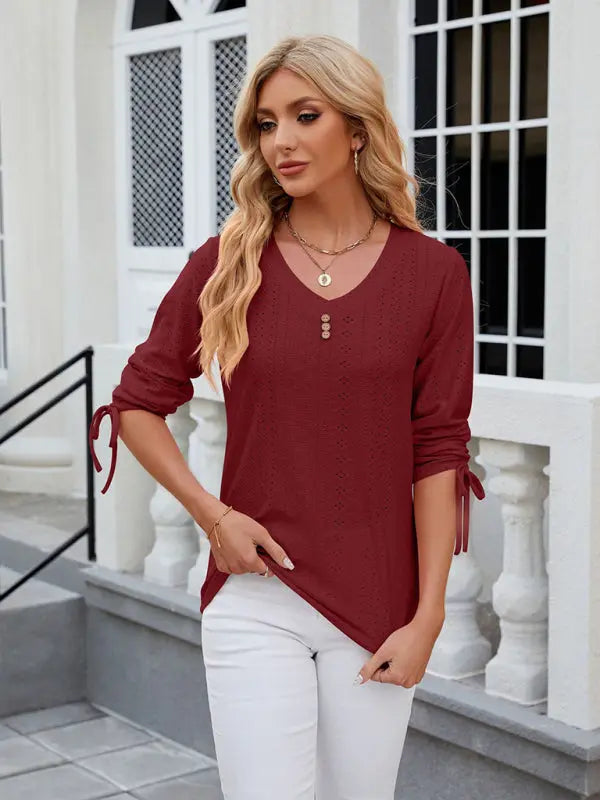 Women's V-neck three-quarter sleeve button drawstring loose T-shirt top kakaclo