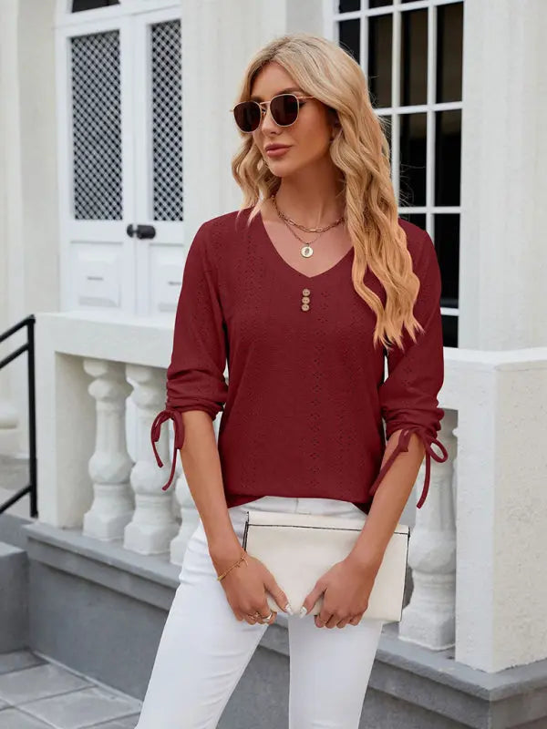 Women's V-neck three-quarter sleeve button drawstring loose T-shirt top kakaclo