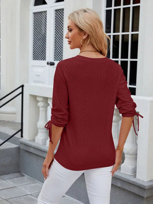 Women's V-neck three-quarter sleeve button drawstring loose T-shirt top kakaclo