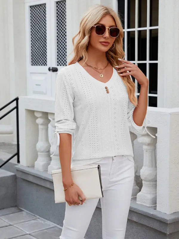 Women's V-neck three-quarter sleeve button drawstring loose T-shirt top kakaclo