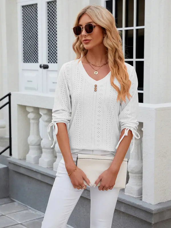 Women's V-neck three-quarter sleeve button drawstring loose T-shirt top kakaclo