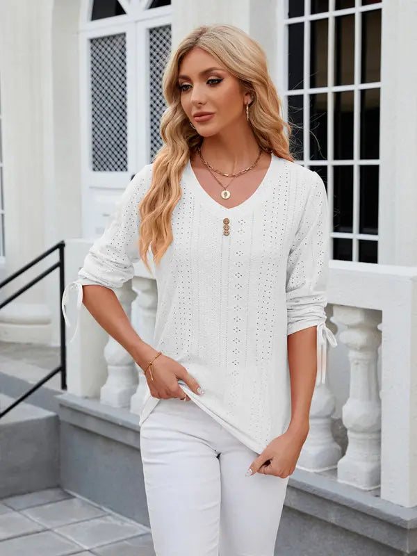 Women's V-neck three-quarter sleeve button drawstring loose T-shirt top kakaclo