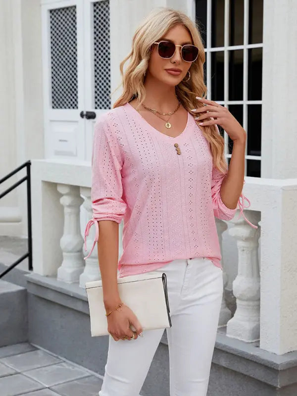 Women's V-neck three-quarter sleeve button drawstring loose T-shirt top kakaclo