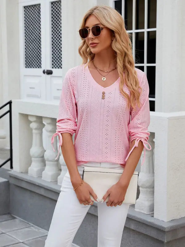 Women's V-neck three-quarter sleeve button drawstring loose T-shirt top kakaclo