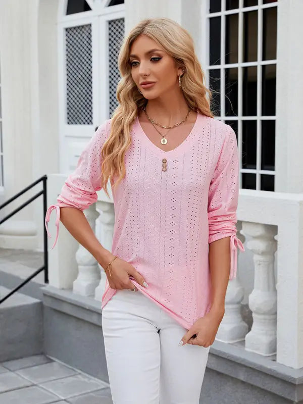 Women's V-neck three-quarter sleeve button drawstring loose T-shirt top kakaclo