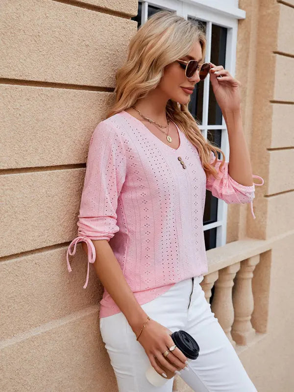 Women's V-neck three-quarter sleeve button drawstring loose T-shirt top kakaclo