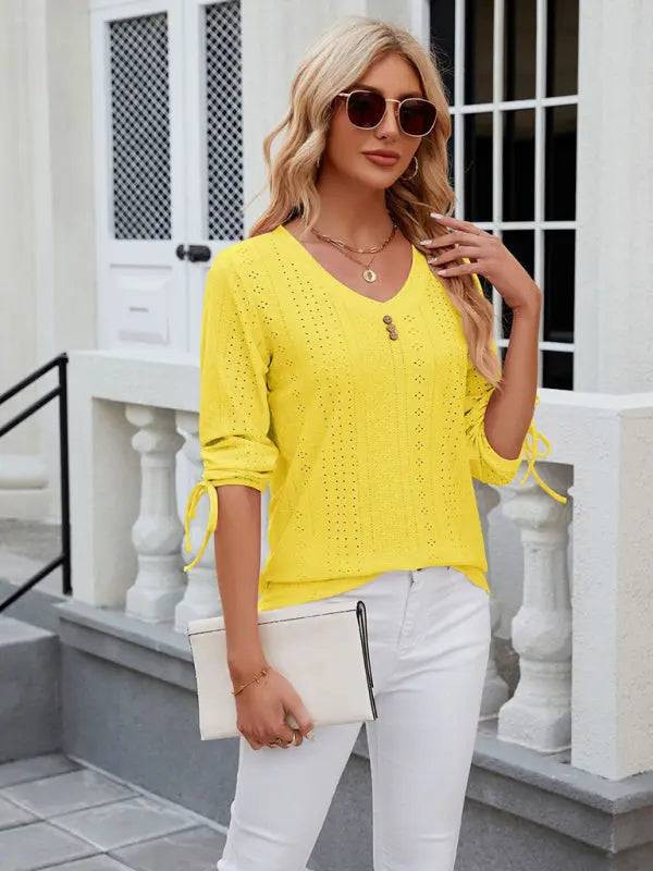 Women's V-neck three-quarter sleeve button drawstring loose T-shirt top kakaclo