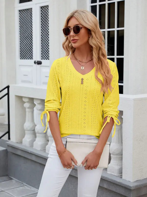 Women's V-neck three-quarter sleeve button drawstring loose T-shirt top kakaclo