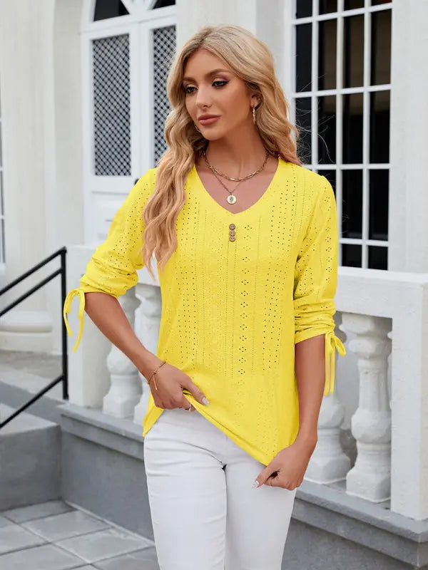 Women's V-neck three-quarter sleeve button drawstring loose T-shirt top kakaclo