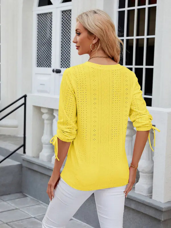 Women's V-neck three-quarter sleeve button drawstring loose T-shirt top kakaclo