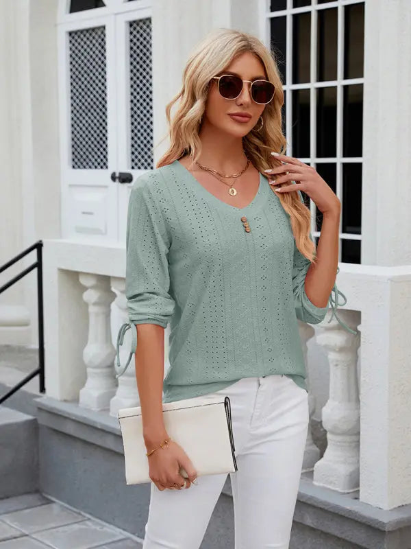 Women's V-neck three-quarter sleeve button drawstring loose T-shirt top kakaclo