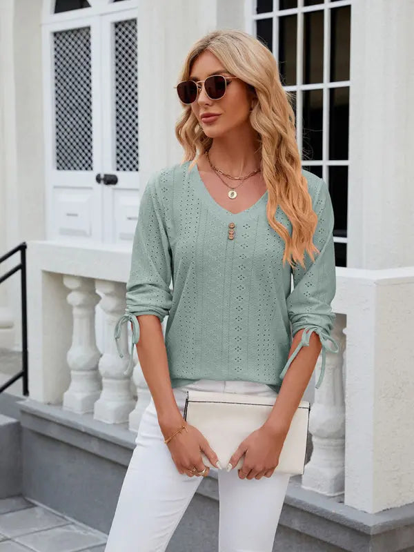 Women's V-neck three-quarter sleeve button drawstring loose T-shirt top kakaclo