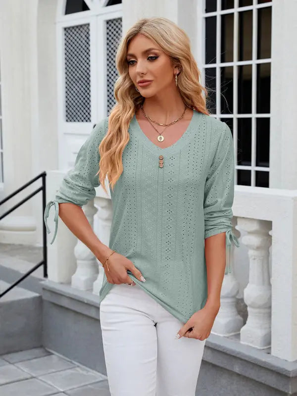 Women's V-neck three-quarter sleeve button drawstring loose T-shirt top kakaclo