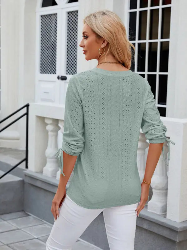 Women's V-neck three-quarter sleeve button drawstring loose T-shirt top kakaclo