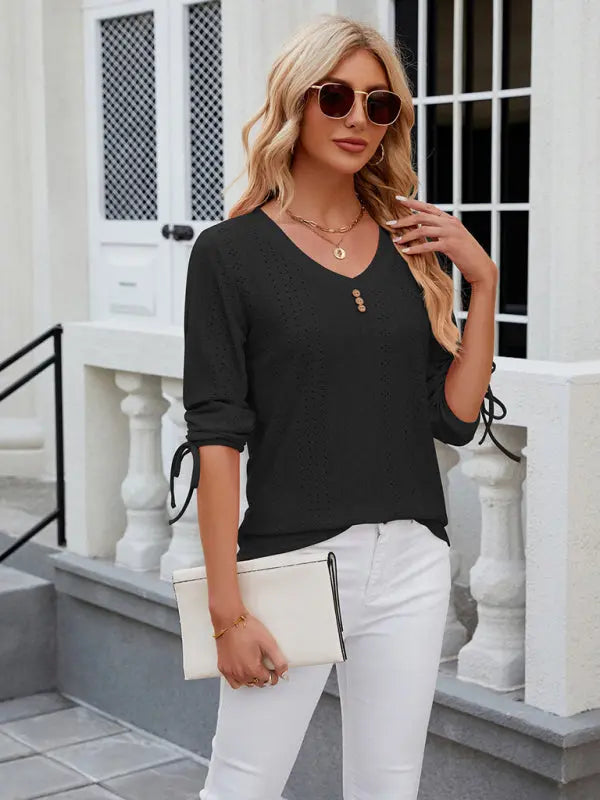 Women's V-neck three-quarter sleeve button drawstring loose T-shirt top kakaclo