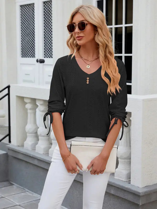 Women's V-neck three-quarter sleeve button drawstring loose T-shirt top kakaclo