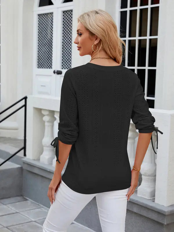 Women's V-neck three-quarter sleeve button drawstring loose T-shirt top kakaclo