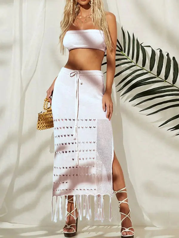 Women's bikini cover-up top wrap chest dress two-piece tie-up tassel beach sunscreen dress kakaclo