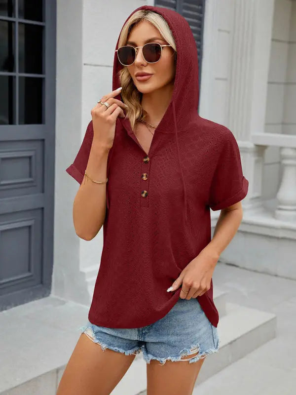 Women's buttoned hooded drawstring short-sleeved T-shirt top kakaclo