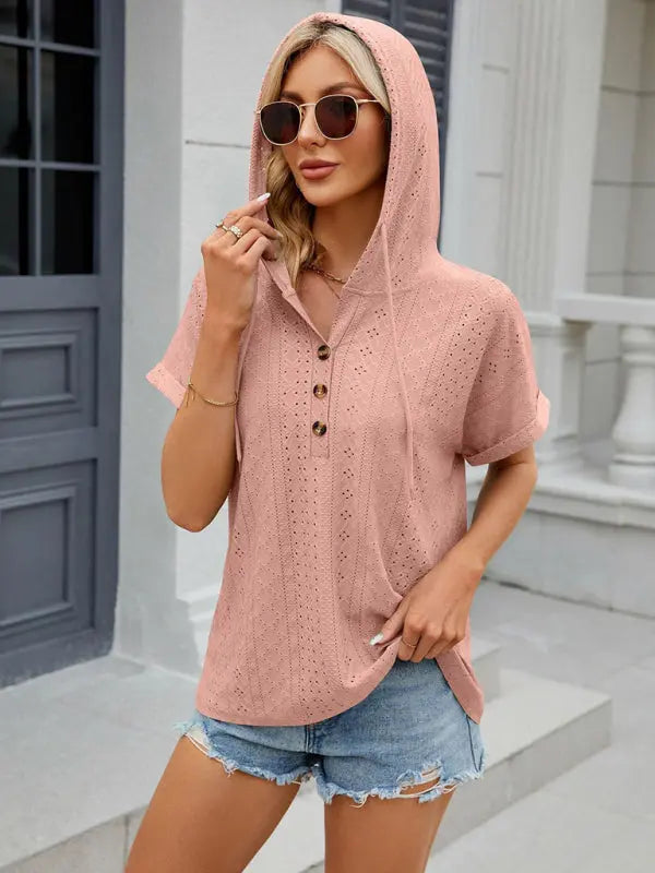 Women's buttoned hooded drawstring short-sleeved T-shirt top kakaclo