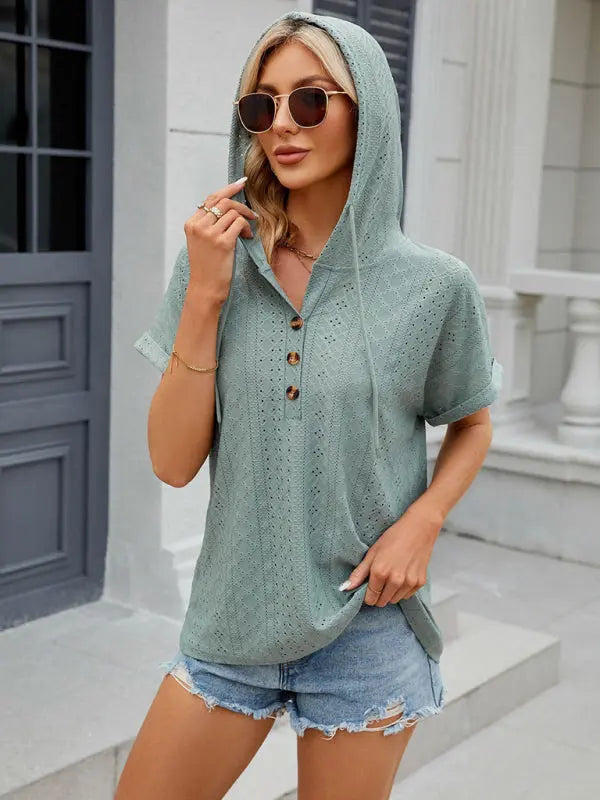 Women's buttoned hooded drawstring short-sleeved T-shirt top kakaclo