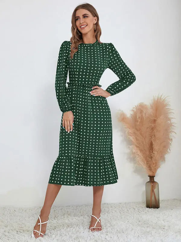 Women's casual long sleeve French polka dot dress kakaclo