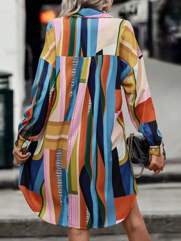 Women's color blocking lapel mid-length shirt dress (without belt) kakaclo