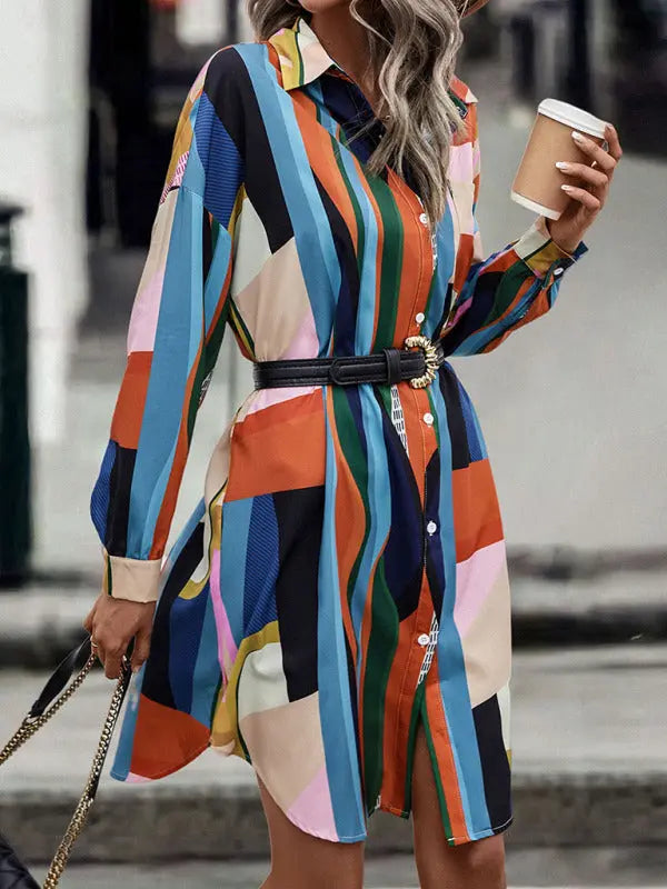 Women's color blocking lapel mid-length shirt dress (without belt) kakaclo