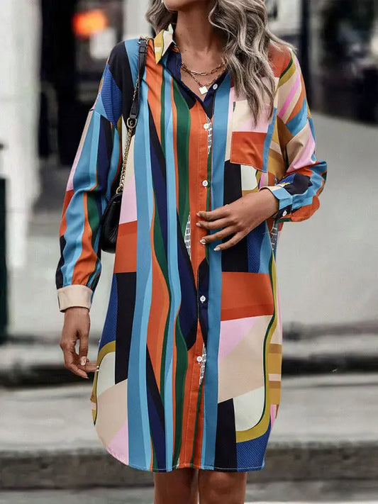 Women's color blocking lapel mid-length shirt dress (without belt) kakaclo