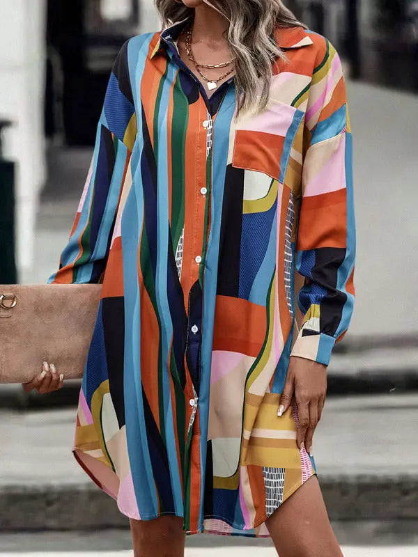 Women's color blocking lapel mid-length shirt dress (without belt) kakaclo