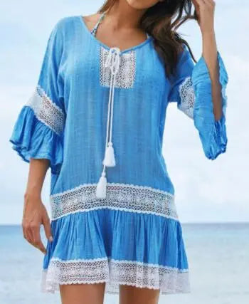 Women's flared sleeve beach dress bikini cover-ups beach vacation sun protection shirt kakaclo