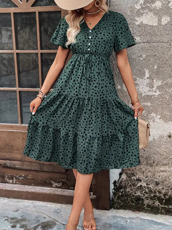 Women's new V-neck waisted short-sleeved printed dress kakaclo