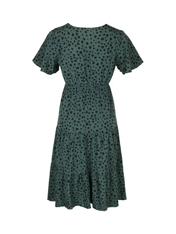 Women's new V-neck waisted short-sleeved printed dress kakaclo