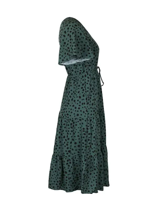 Women's new V-neck waisted short-sleeved printed dress kakaclo