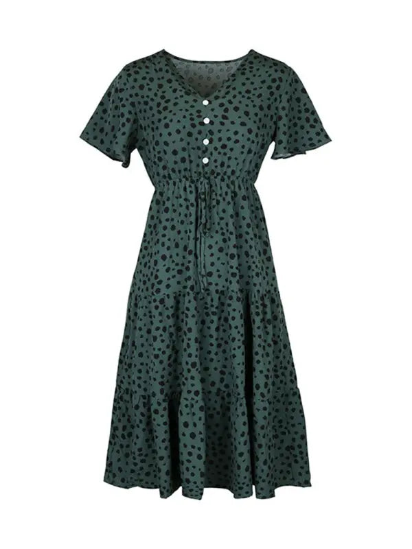 Women's new V-neck waisted short-sleeved printed dress kakaclo