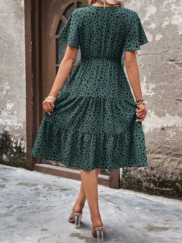 Women's new V-neck waisted short-sleeved printed dress kakaclo
