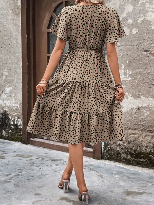 Women's new V-neck waisted short-sleeved printed dress kakaclo