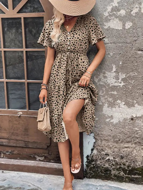 Women's new V-neck waisted short-sleeved printed dress kakaclo
