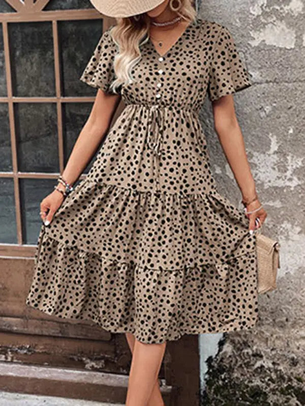 Women's new V-neck waisted short-sleeved printed dress kakaclo